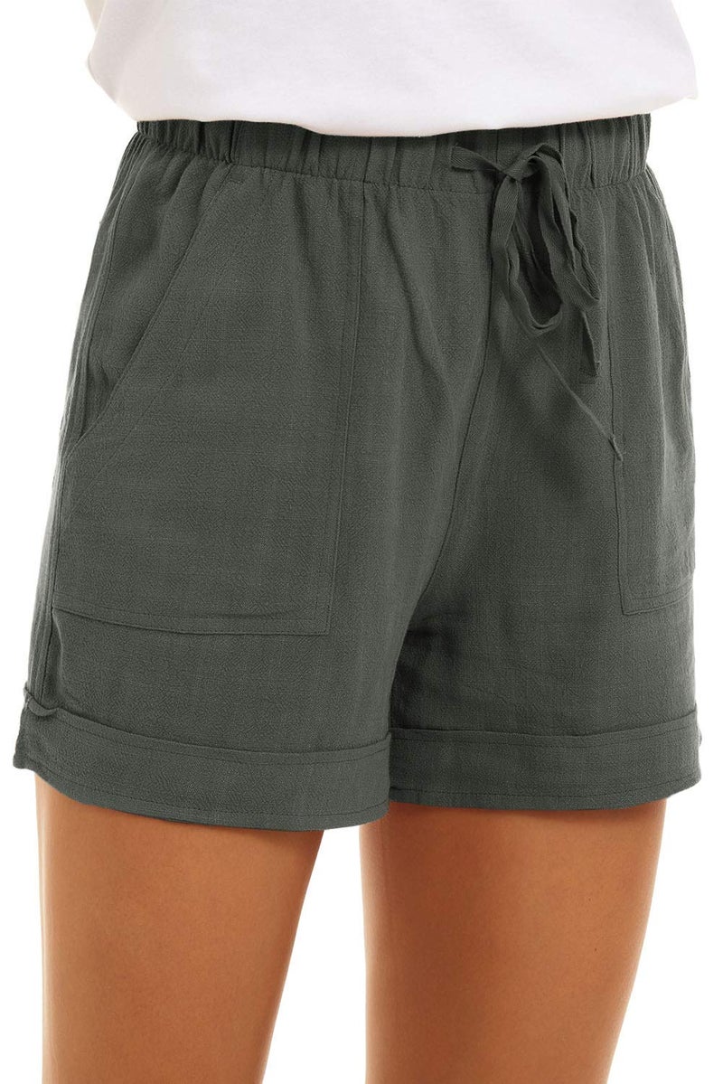KINGFEN Shorts for Women Casual Summer Women Linen Pocketed Summer Woman Pull On Short Drawstring Elastic Waist Solid Loose Short Pants Outerwear Sage Green Small - Image 2